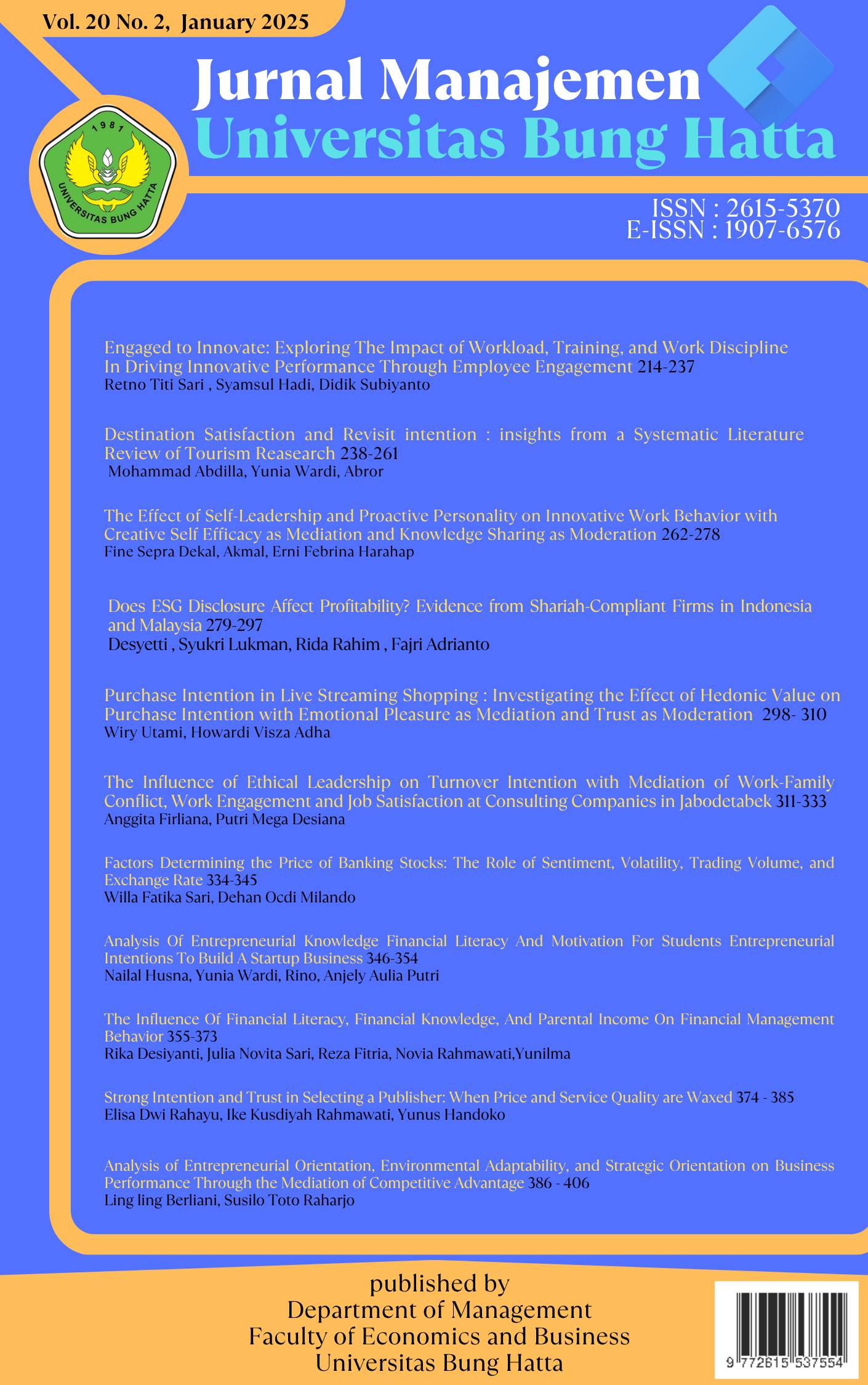 					View Vol. 20 No. 2 (2025): Jurnal Manajemen Universitas Bung Hatta
				