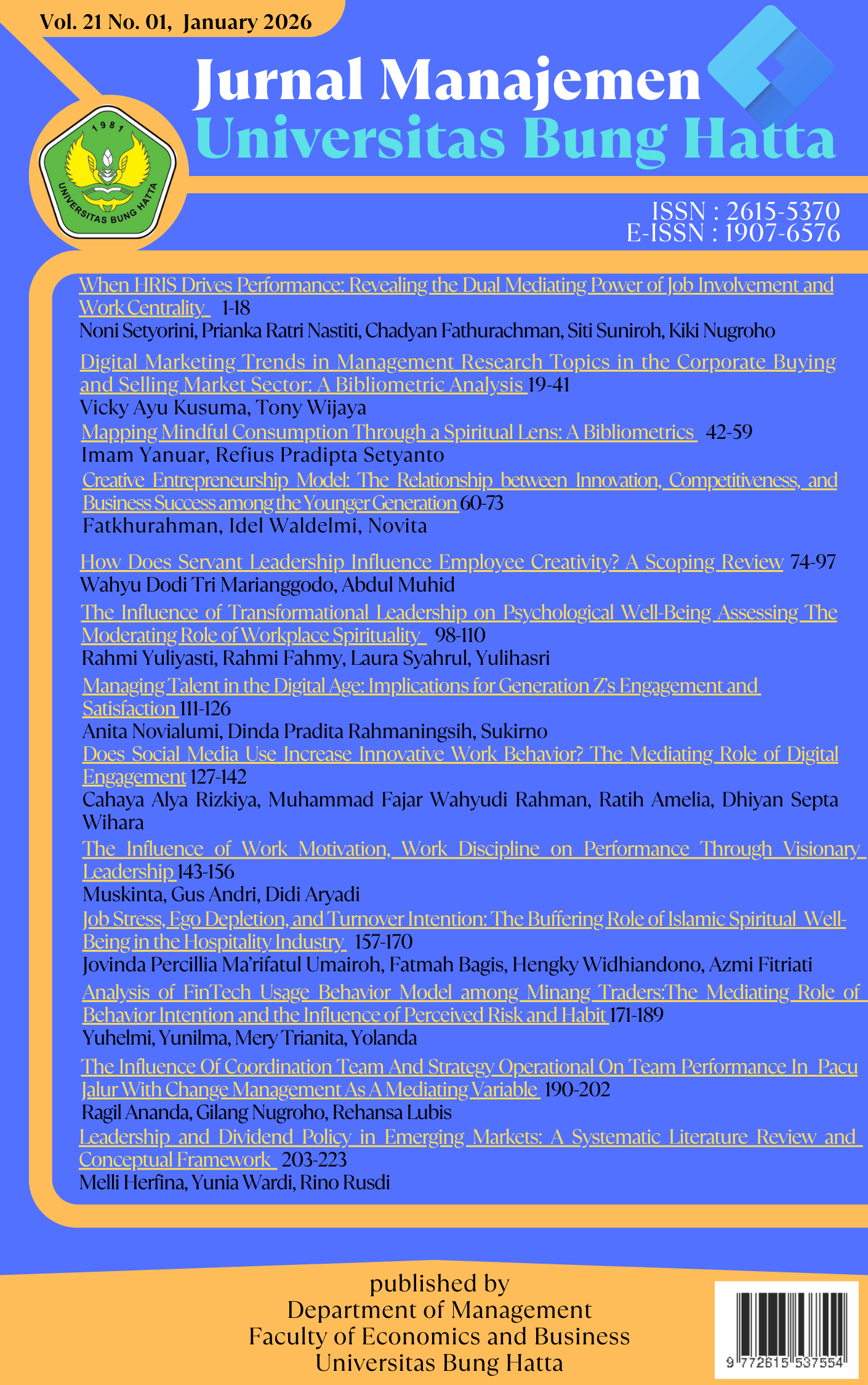 					View Vol. 21 No. 1 (2026): Jurnal Manajeman Universitas Bung Hatta
				