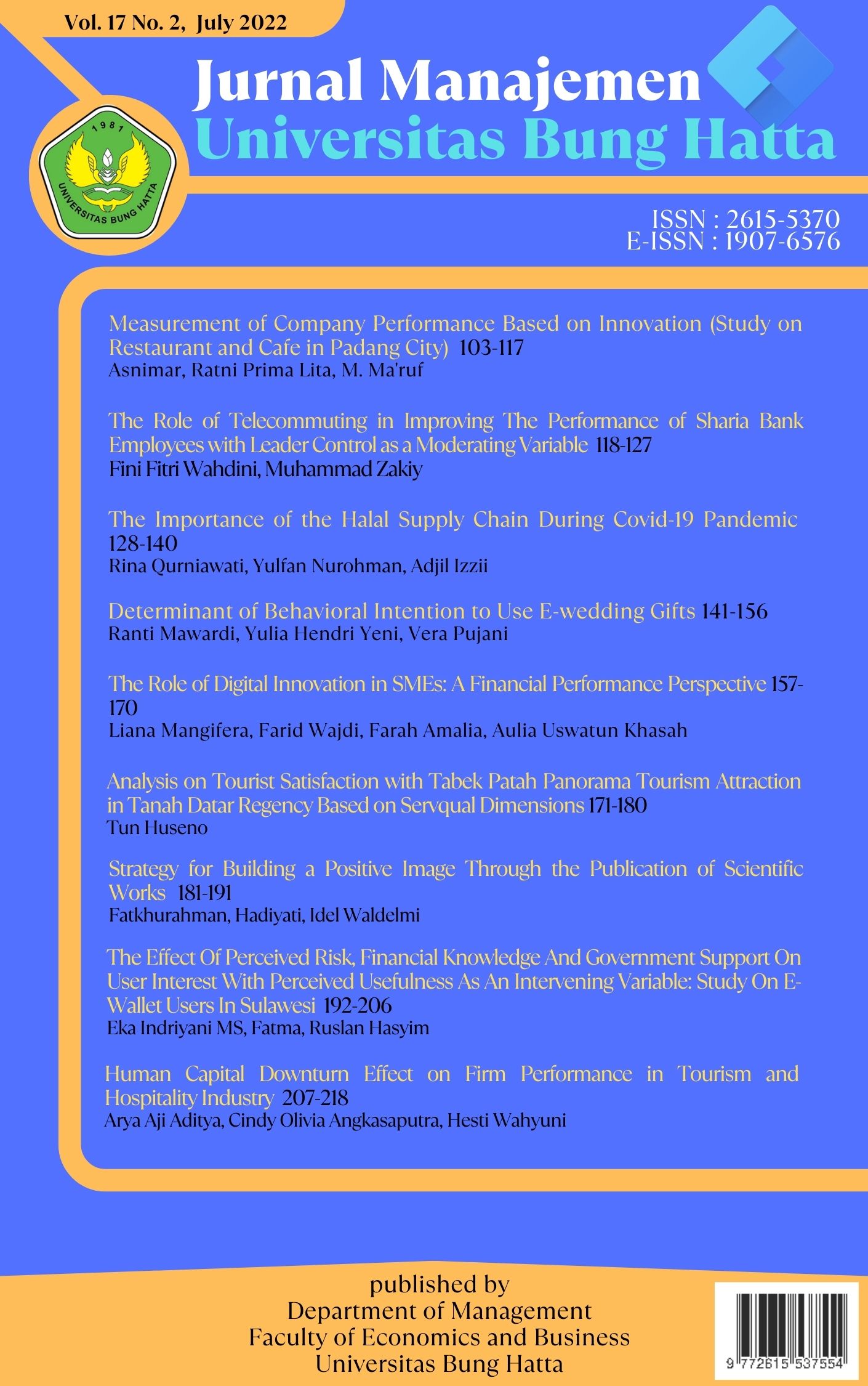 					View Vol. 17 No. 2 (2022): Jurnal Manajemen Universitas Bung Hatta
				